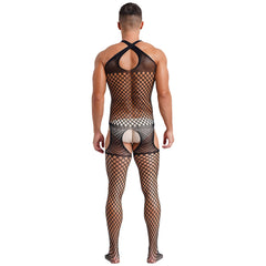 sexy man in black halter fishnet bodystocking, open chest and high-cut fit, defined torso and legs – pridevoyageshop.com – gay men’s harness, lingerie and fetish wear
