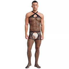 sexy man in black halter fishnet bodystocking, open chest and high-cut fit, defined torso and legs – pridevoyageshop.com – gay men’s harness, lingerie and fetish wear

