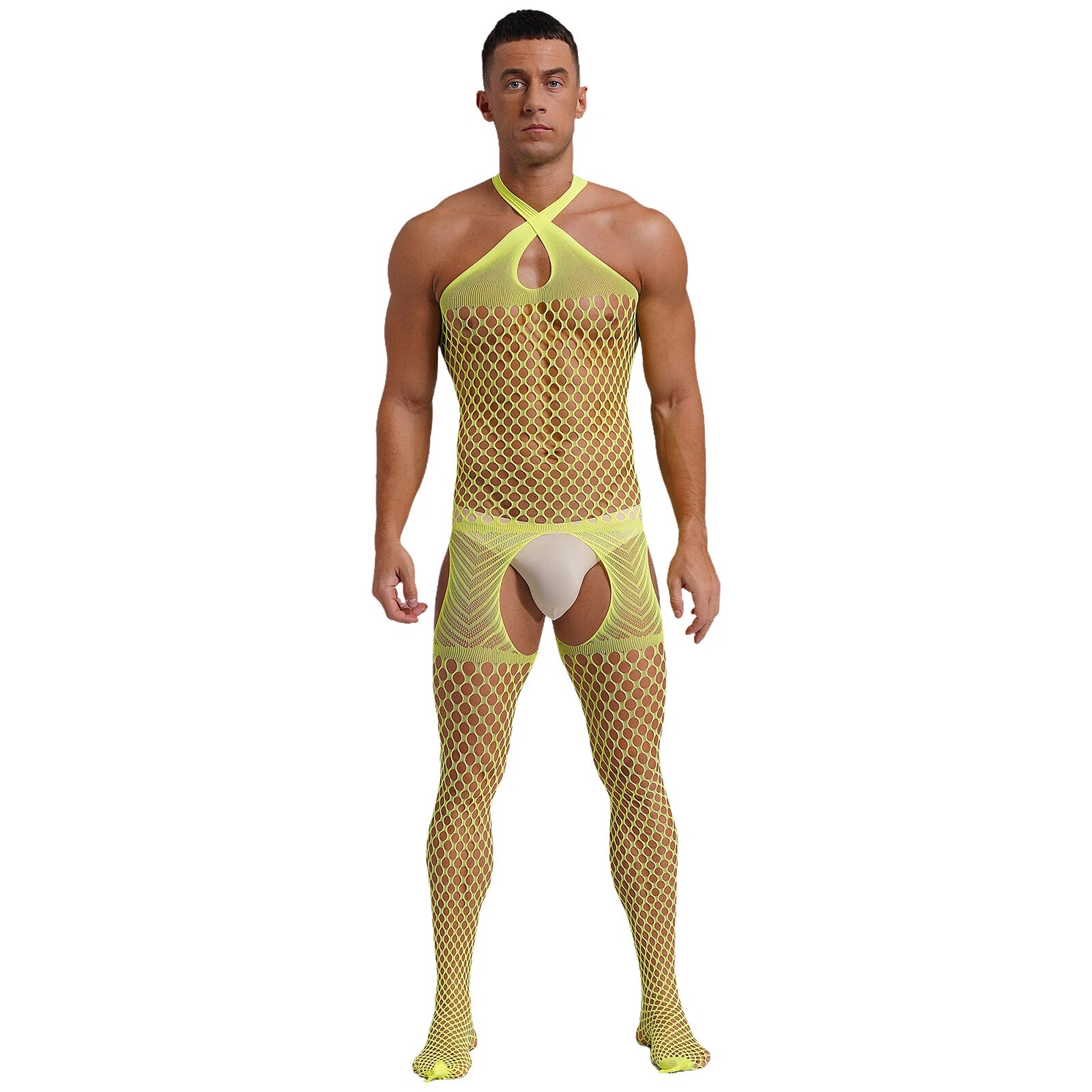 sexy man in neon yellow fishnet bodystocking, halter cut, high-leg and exposed torso, bold fetish look – pridevoyageshop.com – gay men’s harness, lingerie and fetish wear