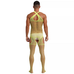 sexy man in neon yellow fishnet bodystocking, halter cut, high-leg and exposed torso, bold fetish look – pridevoyageshop.com – gay men’s harness, lingerie and fetish wear