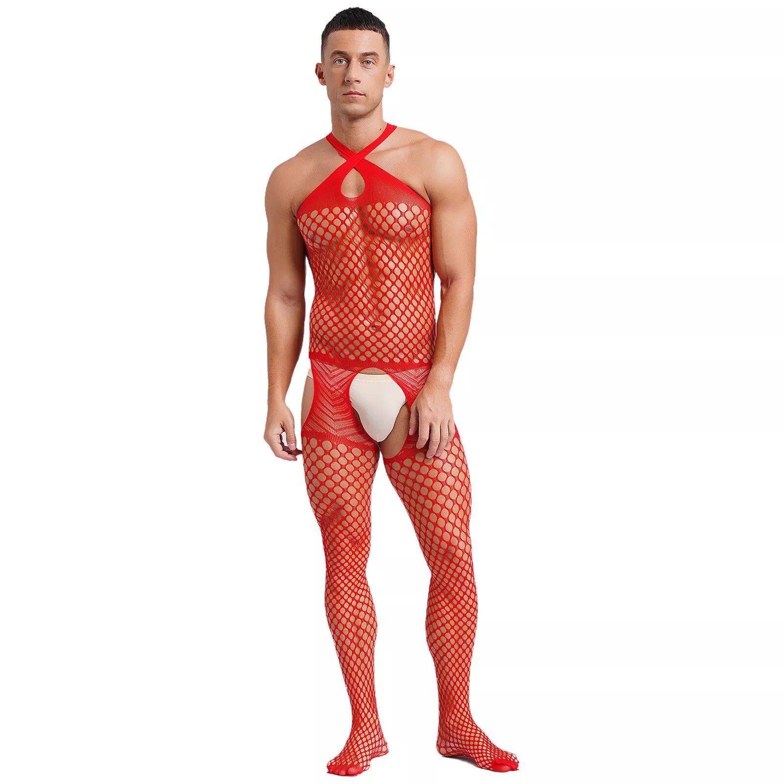 sexy man in red halter fishnet bodystocking, seductive open mesh, high-cut sexy fit – pridevoyageshop.com – gay men’s harness, lingerie and fetish wear