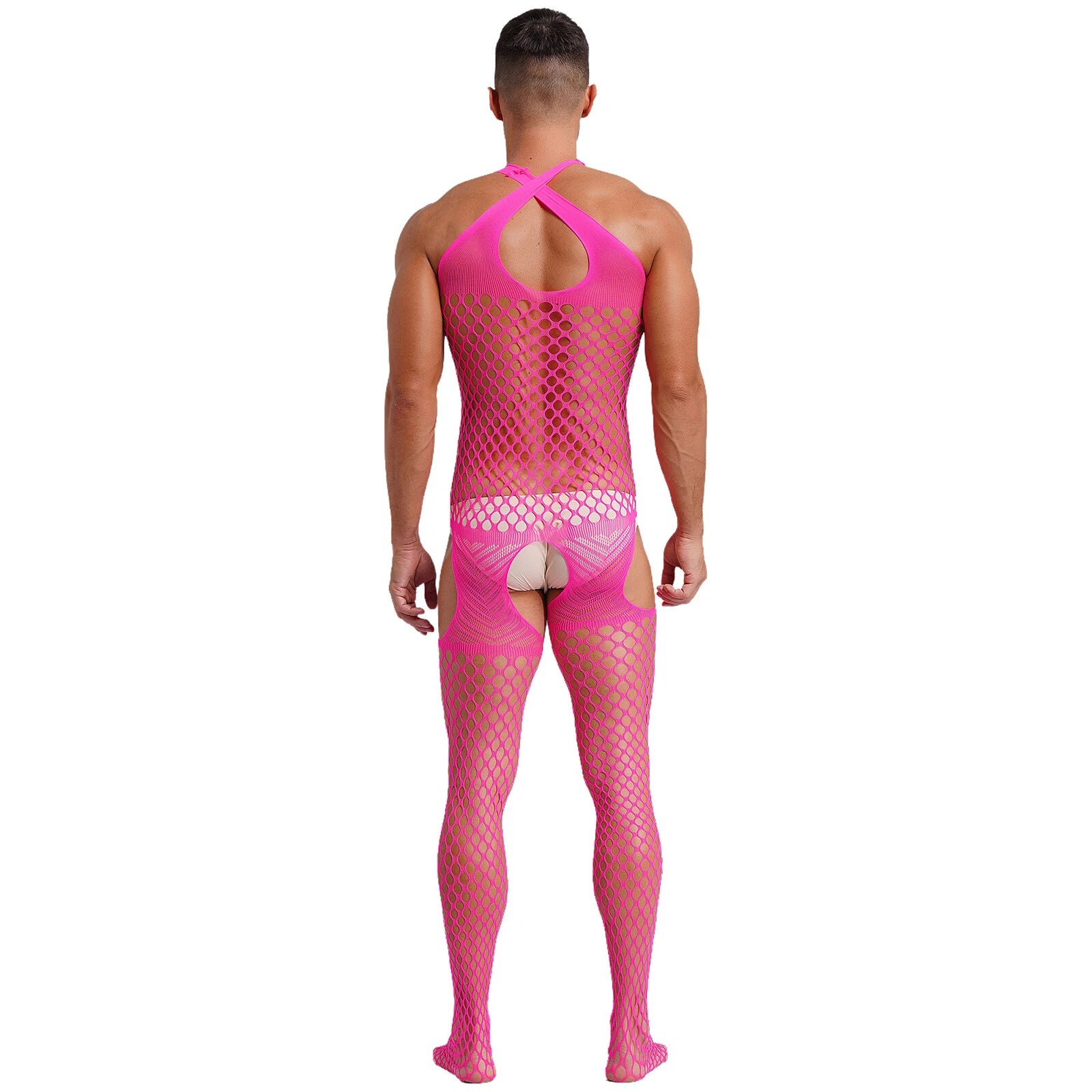 sexy man in rose pink fishnet bodystocking, halter cut, exposed torso and legs, sensual mesh fit – pridevoyageshop.com – gay men’s harness, lingerie and fetish wear