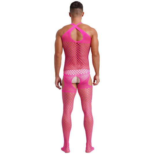 sexy man in rose pink fishnet bodystocking, halter cut, exposed torso and legs, sensual mesh fit – pridevoyageshop.com – gay men’s harness, lingerie and fetish wear
