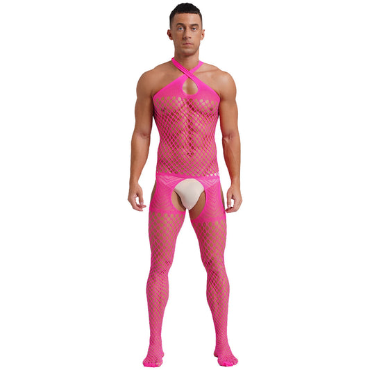 sexy man in rose pink fishnet bodystocking, halter cut, exposed torso and legs, sensual mesh fit – pridevoyageshop.com – gay men’s harness, lingerie and fetish wear