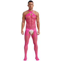 sexy man in rose pink fishnet bodystocking, halter cut, exposed torso and legs, sensual mesh fit – pridevoyageshop.com – gay men’s harness, lingerie and fetish wear