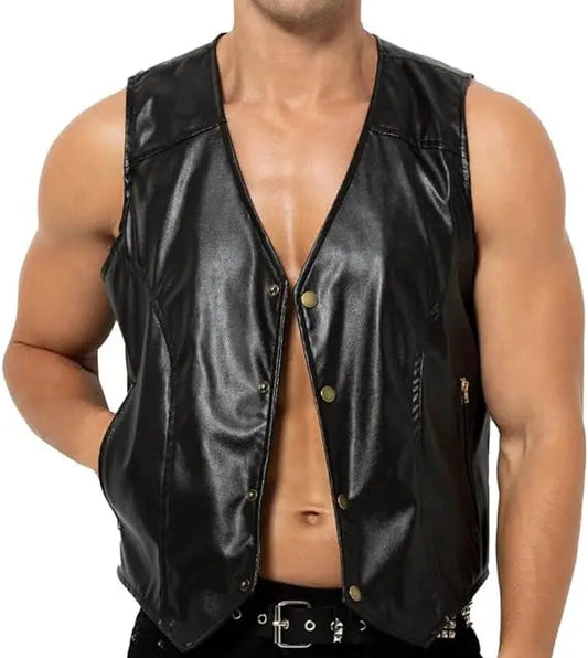 shirtless muscled gay man wearing a black barback glam vest mesh and faux leather club top standing in studio lighting showing chest shoulders and torso pridevoyageshopcom gay men’s gym tank tops mesh tank tops activewear clubwear fashion tops