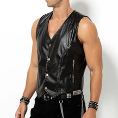 shirtless muscled gay man wearing a black barback glam vest mesh and faux leather club top standing in studio lighting showing chest shoulders and torso pridevoyageshopcom gay men’s gym tank tops mesh tank tops activewear clubwear fashion tops