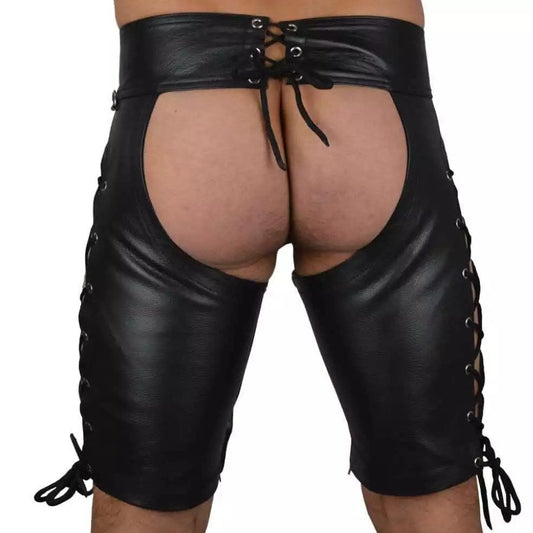 a hot gay man in Men's Assless PU Leather Short Chaps - pridevoyageshop.com - gay men’s bodystocking, lingerie, fishnet and fetish wear