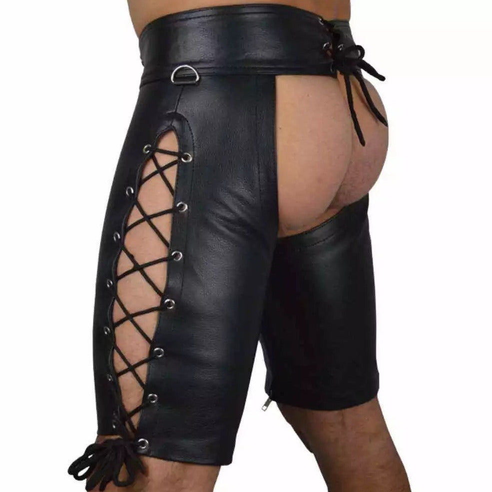 a hot gay man in Men's Assless PU Leather Short Chaps - pridevoyageshop.com - gay men’s bodystocking, lingerie, fishnet and fetish wear