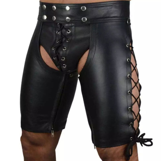 a hot gay man in Men's Assless PU Leather Short Chaps - pridevoyageshop.com - gay men’s bodystocking, lingerie, fishnet and fetish wear