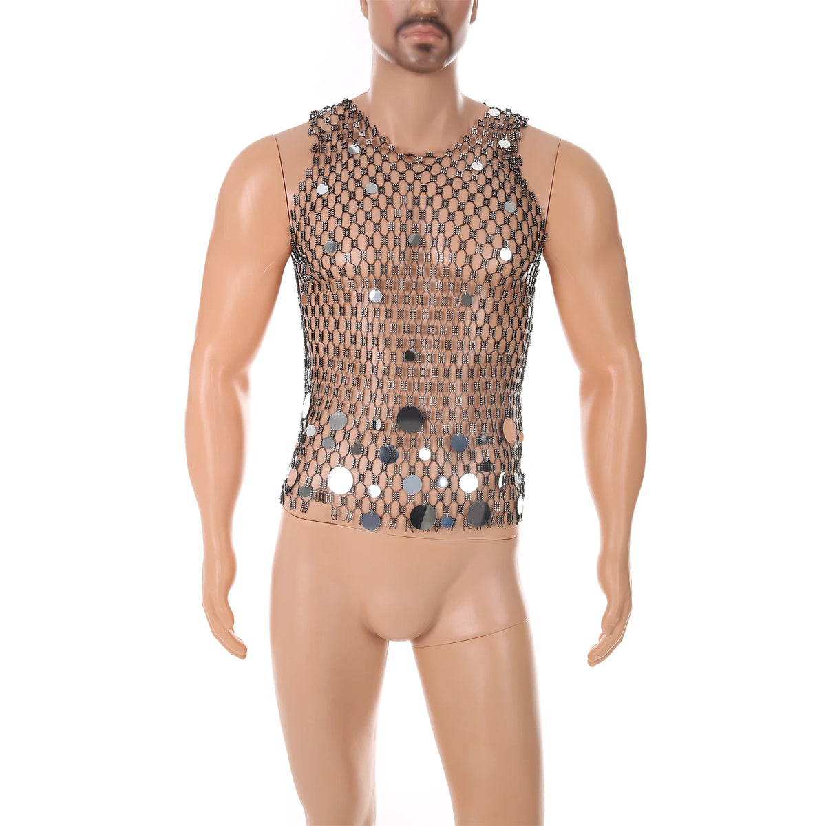 silver coinmail tank flat lay with metal disc mesh and chain drape detailing – pridevoyageshop.com – gay men’s harness, lingerie and fetish wear
