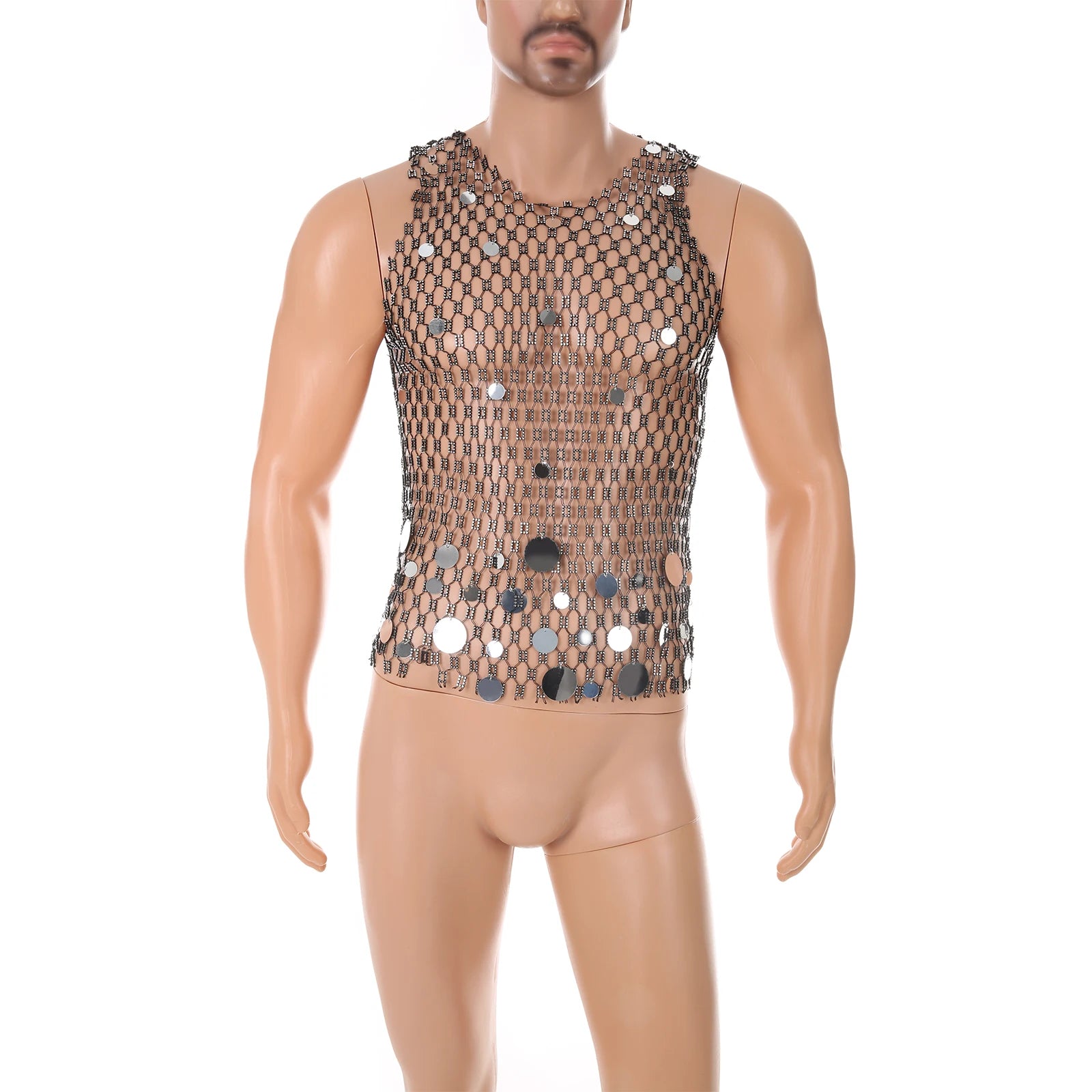 silver coinmail tank flat lay with metal disc mesh and chain drape detailing – pridevoyageshop.com – gay men’s harness, lingerie and fetish wear