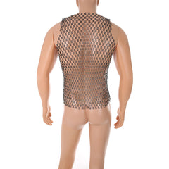 silver coinmail tank flat lay with metal disc mesh and chain drape detailing – pridevoyageshop.com – gay men’s harness, lingerie and fetish wear