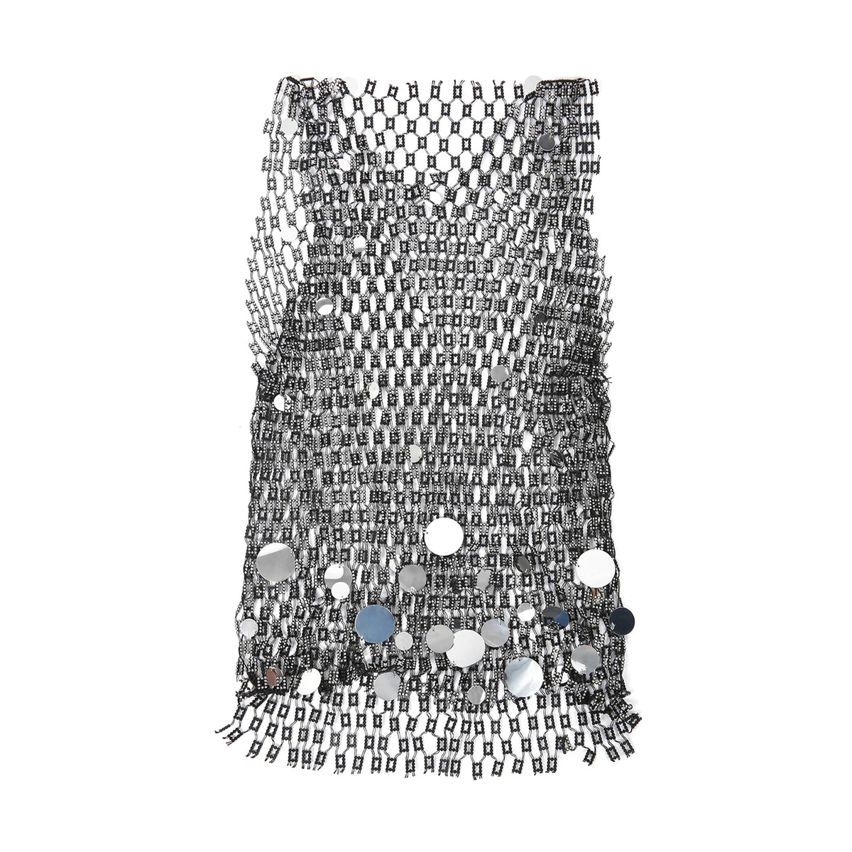 silver coinmail tank flat lay with metal disc mesh and chain drape detailing – pridevoyageshop.com – gay men’s harness, lingerie and fetish wear
