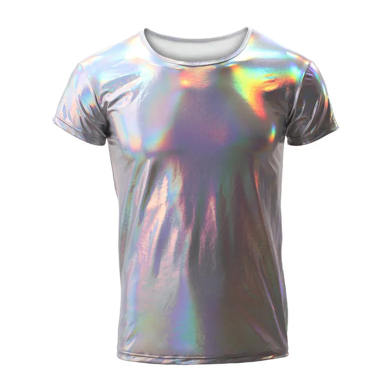 silver holographic metallic short sleeve tee displayed flat – pridevoyageshop.com – gay men’s gym tank tops mesh tank tops activewear clubwear fashion tops
