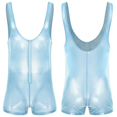 sky blue Gameboi Holo-Zip Singlet flat-lay detail showcasing holographic zipper and high-cut design – pridevoyageshop.com – gay men’s harness, lingerie and fetish wear