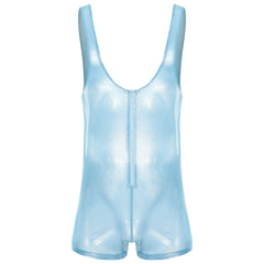 sky blue Gameboi Holo-Zip Singlet flat-lay detail showcasing holographic zipper and high-cut design – pridevoyageshop.com – gay men’s harness, lingerie and fetish wear