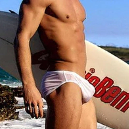 sexy gay man in white Gay Swimwear | Men's Transparent Swim Briefs - pridevoyageshop.com - gay men’s underwear and swimwear