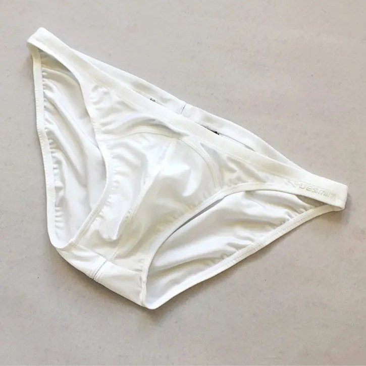 white Desmiit Men’s Below Sea Level Bikini Swim Briefs - pridevoyageshop.com - gay men’s sexy swim briefs, trunks, board shorts, and bikinis