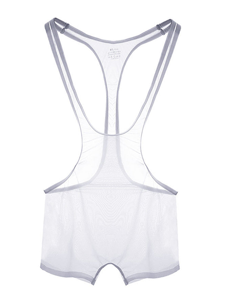 white Fever Dream Deep-Scoop Sheer Singlet flat lay, deep scoop chest, transparent mesh fabric, erotic athletic cut – pridevoyageshop.com – gay men’s harness, lingerie and fetish wear