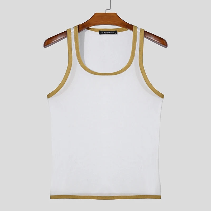 white Gogo Glaze Mesh Top – pridevoyageshopcom – gay mens clubwear mesh tanks crop tops fashion tops partywear activewear