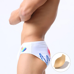 white Men’s Rainbow Heartbeat Swim Briefs with pad - pridevoyageshop.com - gay men’s sexy swim briefs, trunks, board shorts, and bikinis