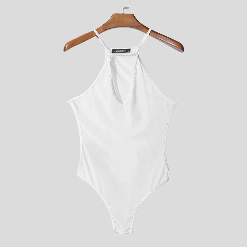 white Night Shift Keyhole Halter Bodysuit flat lay with halter neck and keyhole front detail – pridevoyageshop.com – gay men’s harness, lingerie and fetish wear