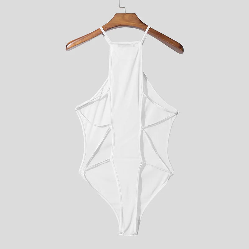 white Night Shift Keyhole Halter Bodysuit flat lay with halter neck and keyhole front detail – pridevoyageshop.com – gay men’s harness, lingerie and fetish wear