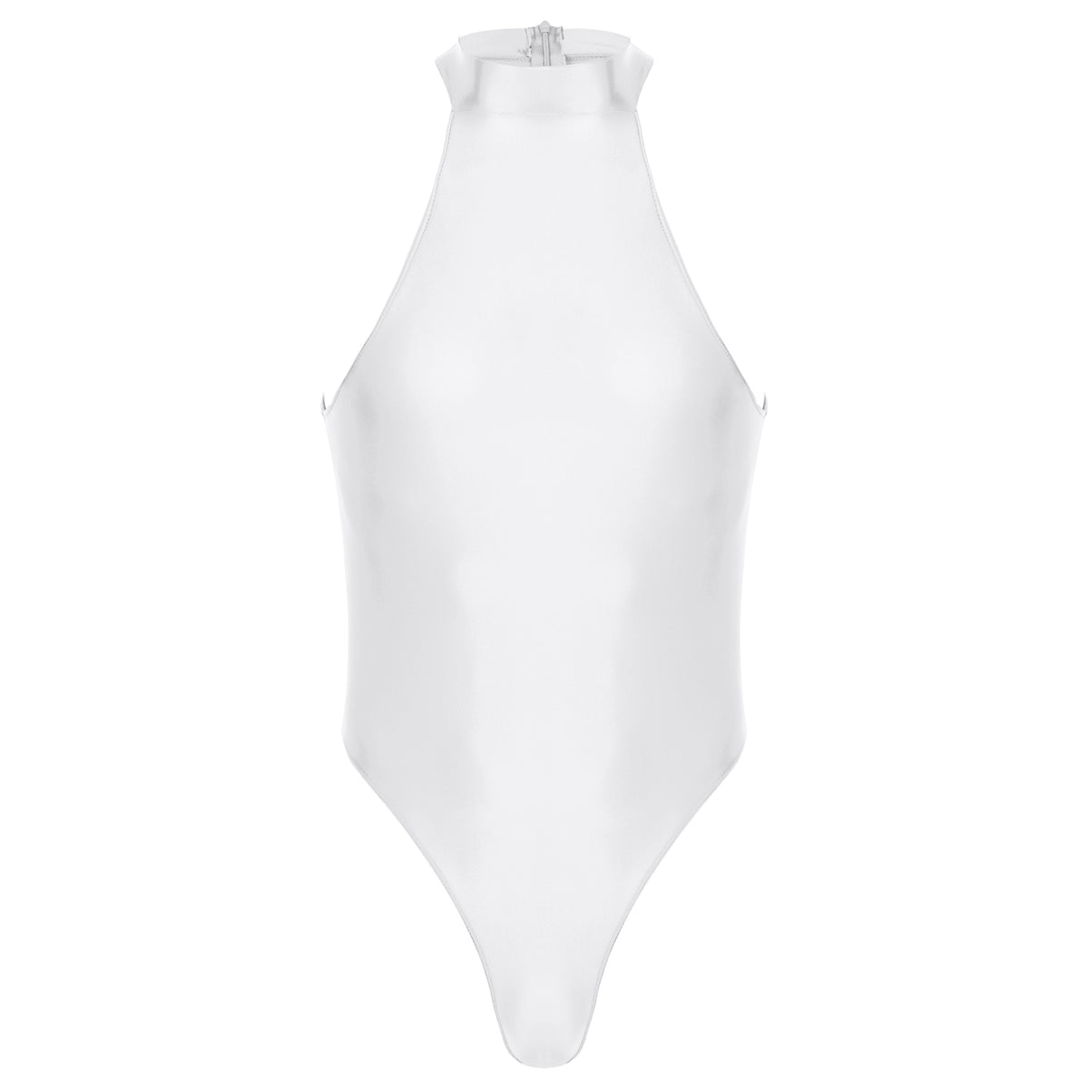 white Profile High-Neck Halter Leotard flat-lay detail showing high-neck halter cut and body-shaping fit – pridevoyageshop.com – gay men’s harness, lingerie and fetish wear
