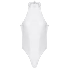 white Profile High-Neck Halter Leotard flat-lay detail showing high-neck halter cut and body-shaping fit – pridevoyageshop.com – gay men’s harness, lingerie and fetish wear

