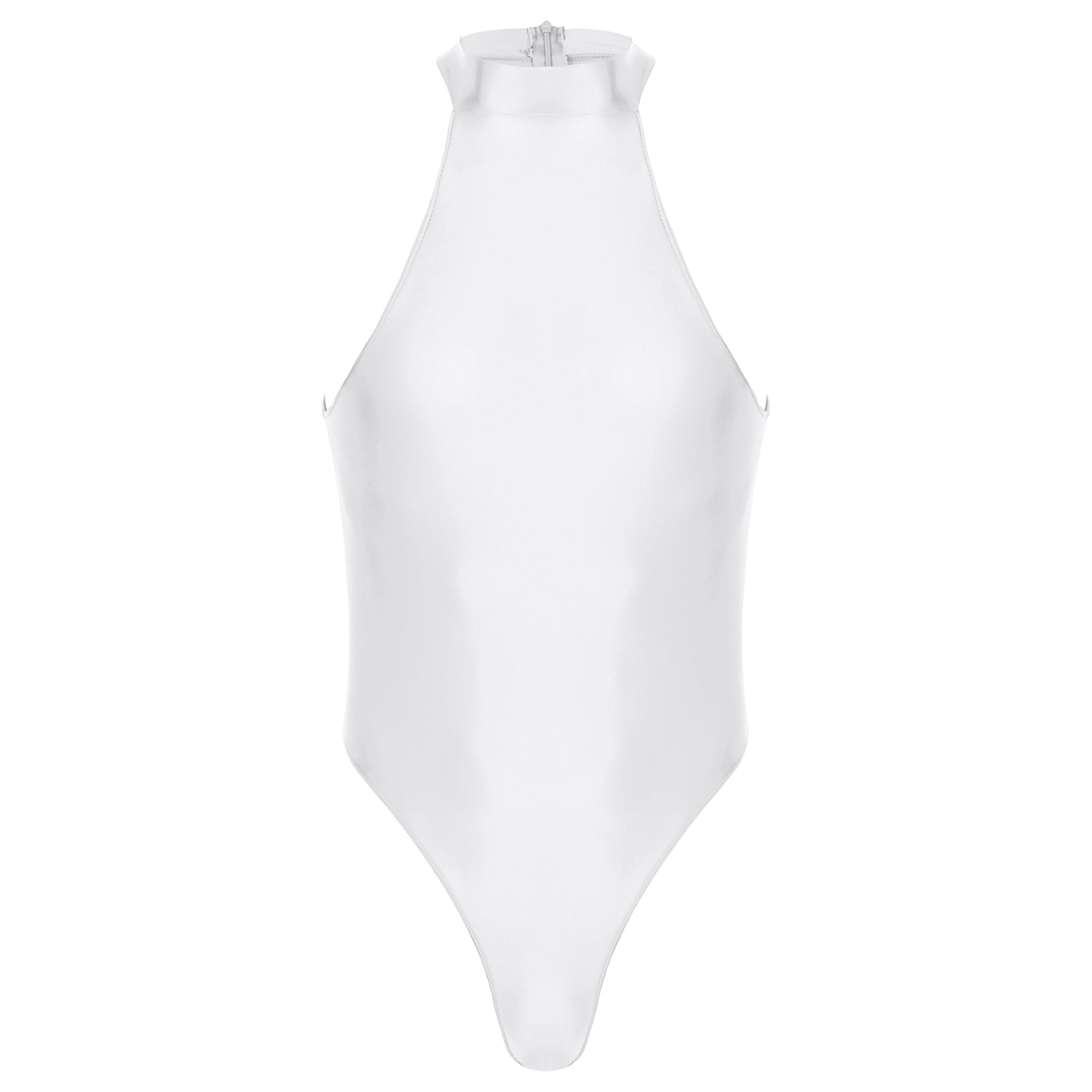 white Profile High-Neck Halter Leotard flat-lay detail showing high-neck halter cut and body-shaping fit – pridevoyageshop.com – gay men’s harness, lingerie and fetish wear
