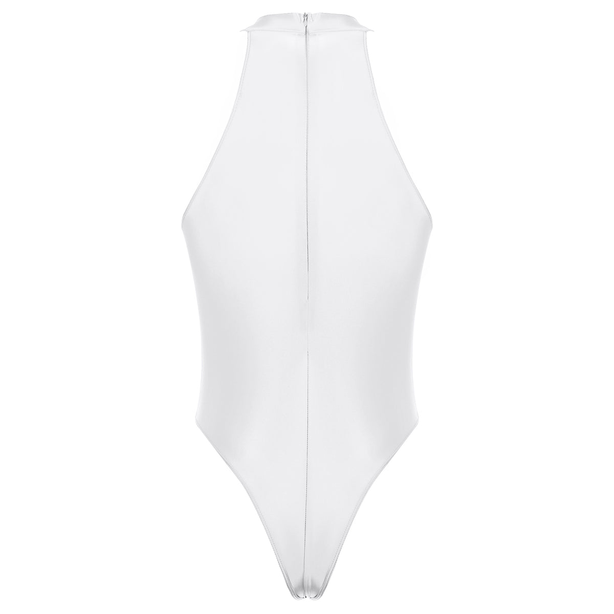 white Profile High-Neck Halter Leotard flat-lay detail showing high-neck halter cut and body-shaping fit – pridevoyageshop.com – gay men’s harness, lingerie and fetish wear
