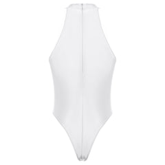 white Profile High-Neck Halter Leotard flat-lay detail showing high-neck halter cut and body-shaping fit – pridevoyageshop.com – gay men’s harness, lingerie and fetish wear
