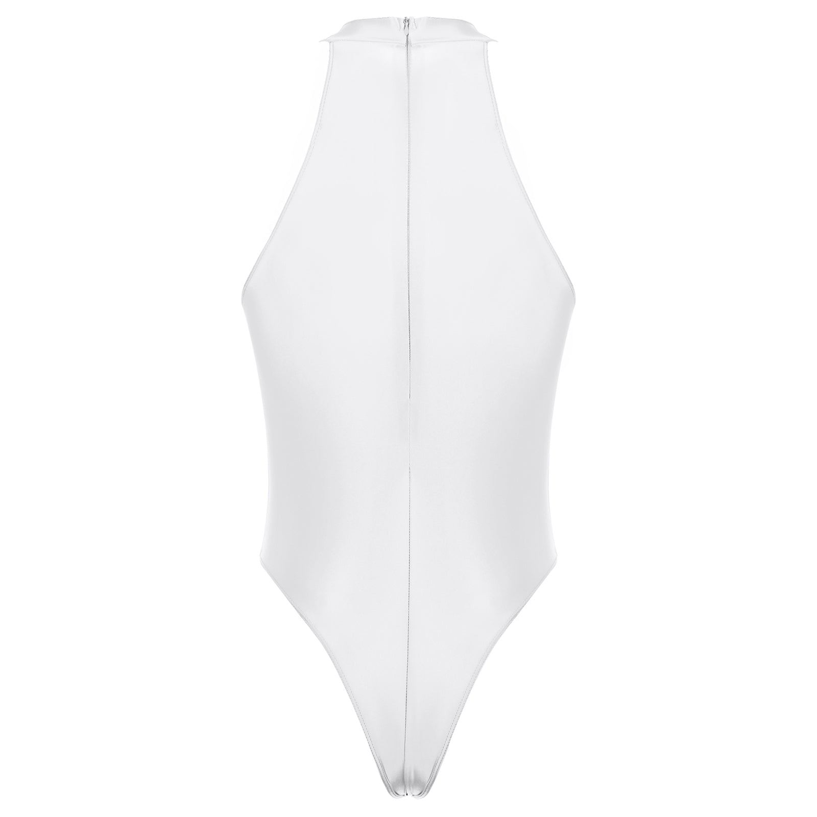 white Profile High-Neck Halter Leotard flat-lay detail showing high-neck halter cut and body-shaping fit – pridevoyageshop.com – gay men’s harness, lingerie and fetish wear
