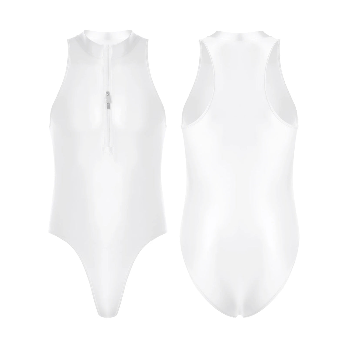 white Riptide Zip Racer Leotard flat-lay with front zipper and sporty contour seams – pridevoyageshop.com – gay men’s harness, lingerie and fetish wear