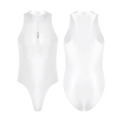 white Riptide Zip Racer Leotard flat-lay with front zipper and sporty contour seams – pridevoyageshop.com – gay men’s harness, lingerie and fetish wear