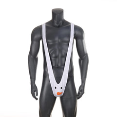 white Secret Santa Snowman sling flat lay, snowman pouch and micro straps, holiday fetish underwear – pridevoyageshop.com – gay men’s harness, lingerie and fetish wear