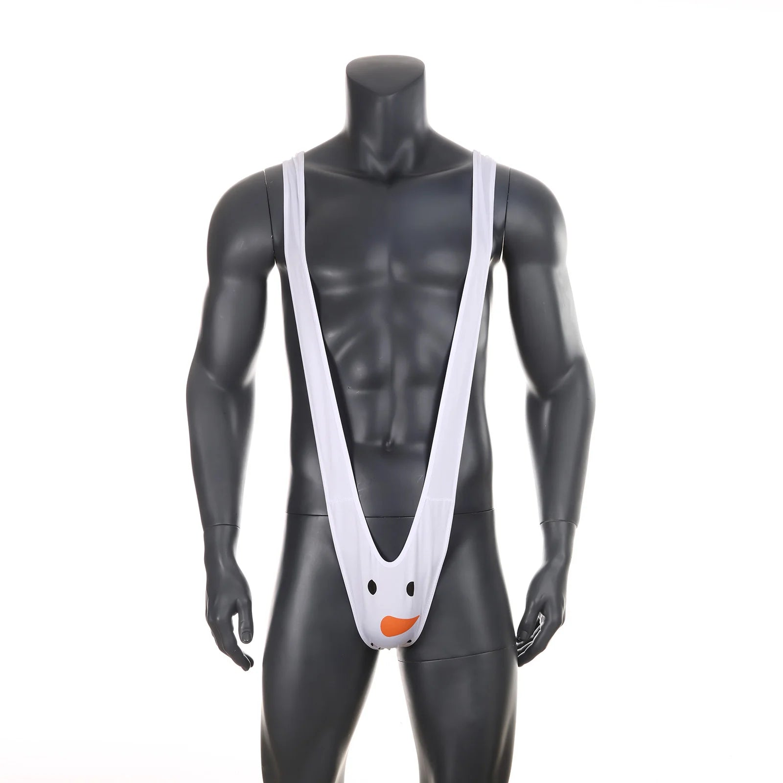 white Secret Santa Snowman sling flat lay, snowman pouch and micro straps, holiday fetish underwear – pridevoyageshop.com – gay men’s harness, lingerie and fetish wear