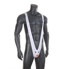 white Secret Santa Snowman sling flat lay, snowman pouch and micro straps, holiday fetish underwear – pridevoyageshop.com – gay men’s harness, lingerie and fetish wear