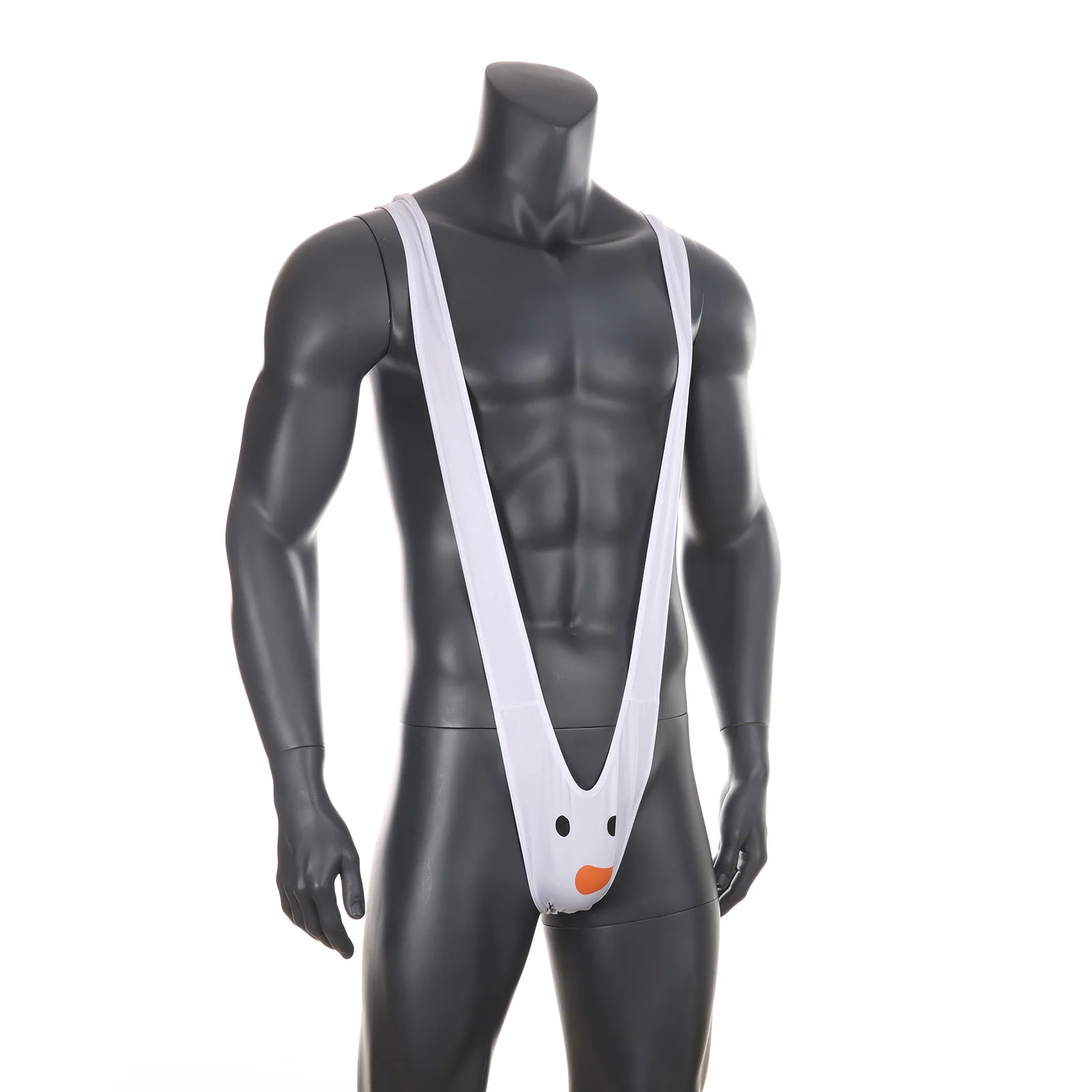 white Secret Santa Snowman sling flat lay, snowman pouch and micro straps, holiday fetish underwear – pridevoyageshop.com – gay men’s harness, lingerie and fetish wear