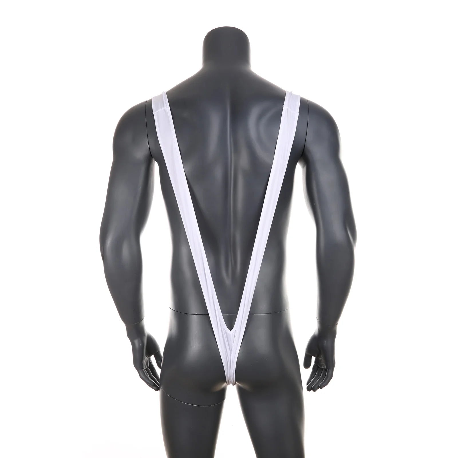 white Secret Santa Snowman sling flat lay, snowman pouch and micro straps, holiday fetish underwear – pridevoyageshop.com – gay men’s harness, lingerie and fetish wear