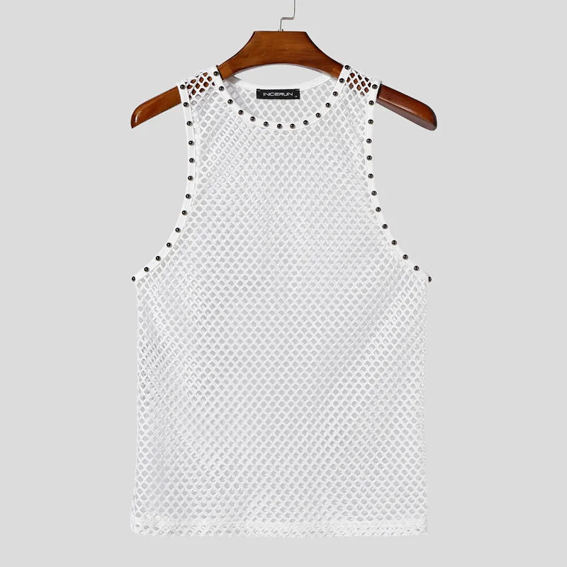 white Studded Showboi Mesh Tank – pridevoyageshopcom – gay mens clubwear mesh tanks crop tops fashion tops partywear activewear