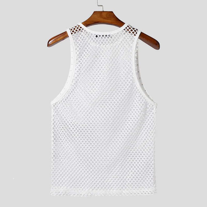 white Studded Showboi Mesh Tank – pridevoyageshopcom – gay mens clubwear mesh tanks crop tops fashion tops partywear activewear