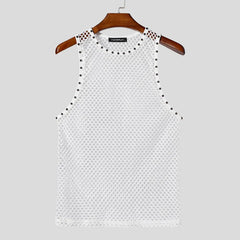 white Studded Showboi Mesh Tank – pridevoyageshopcom – gay mens clubwear mesh tanks crop tops fashion tops partywear activewear