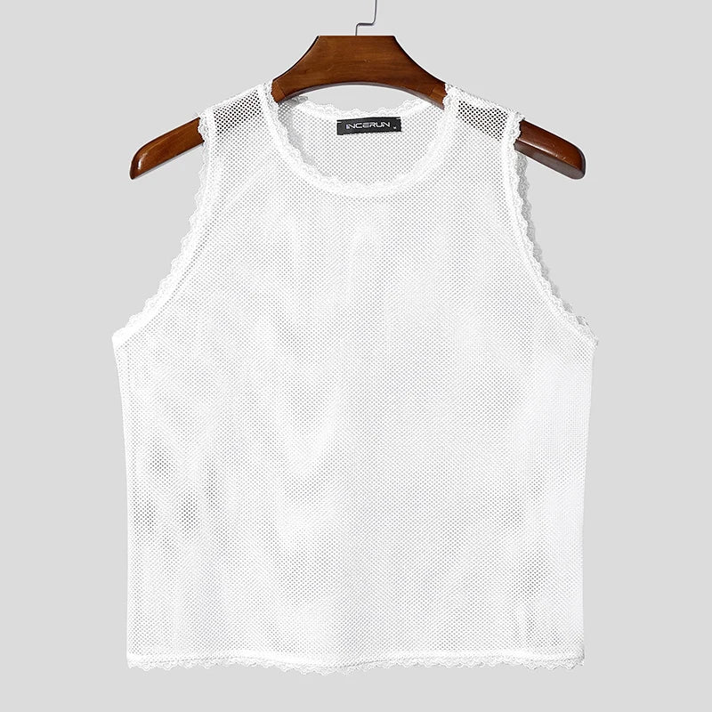 white The Parlor Boy Lace Tank – pridevoyageshopcom – gay mens clubwear mesh tanks crop tops fashion tops partywear activewear
