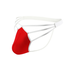 white and red Men’s Strappy Hung Bulge Cage Thong - pridevoyageshop.com - gay men’s thongs, boxers, briefs and jockstraps