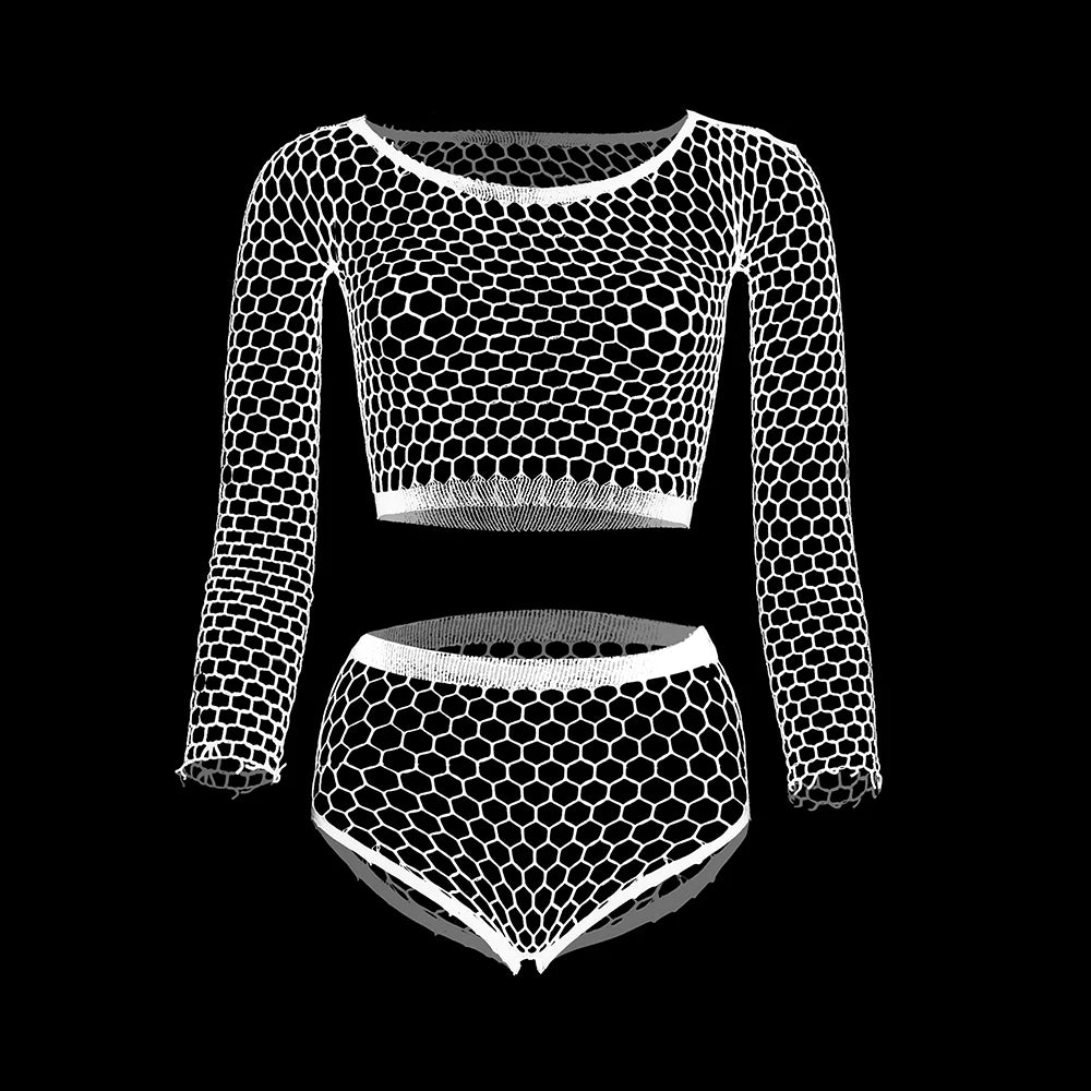 white hex net lingerie set sheer geometric mesh flat lay – pridevoyageshop.com – gay men’s harness, lingerie and fetish wear
