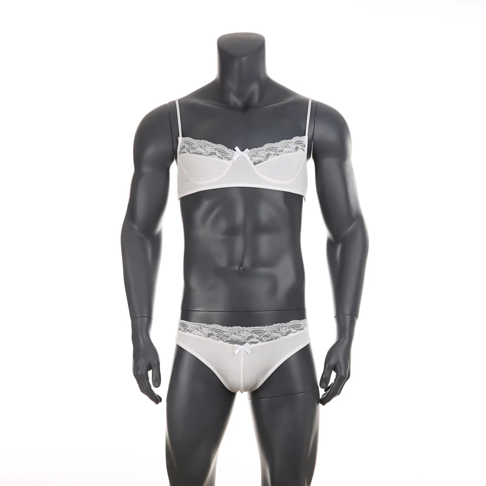 white lace Good Boy bralette and brief set flat display, see-through lace, stretch elastic trim, cute lingerie silhouette – pridevoyageshop.com – gay men’s harness, lingerie and fetish wear