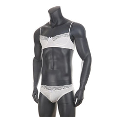 white lace Good Boy bralette and brief set flat display, see-through lace, stretch elastic trim, cute lingerie silhouette – pridevoyageshop.com – gay men’s harness, lingerie and fetish wear