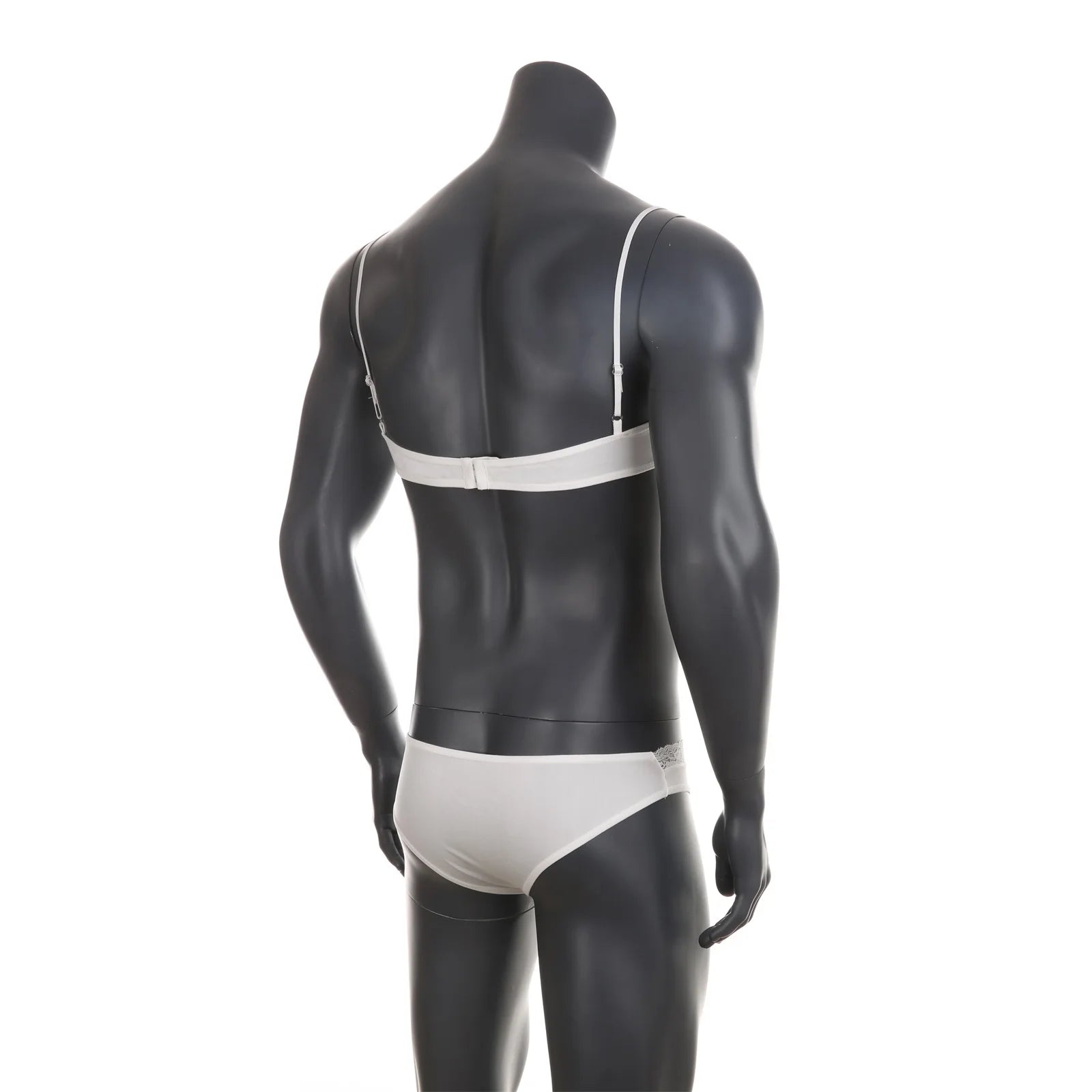 white lace Good Boy bralette and brief set flat display, see-through lace, stretch elastic trim, cute lingerie silhouette – pridevoyageshop.com – gay men’s harness, lingerie and fetish wear